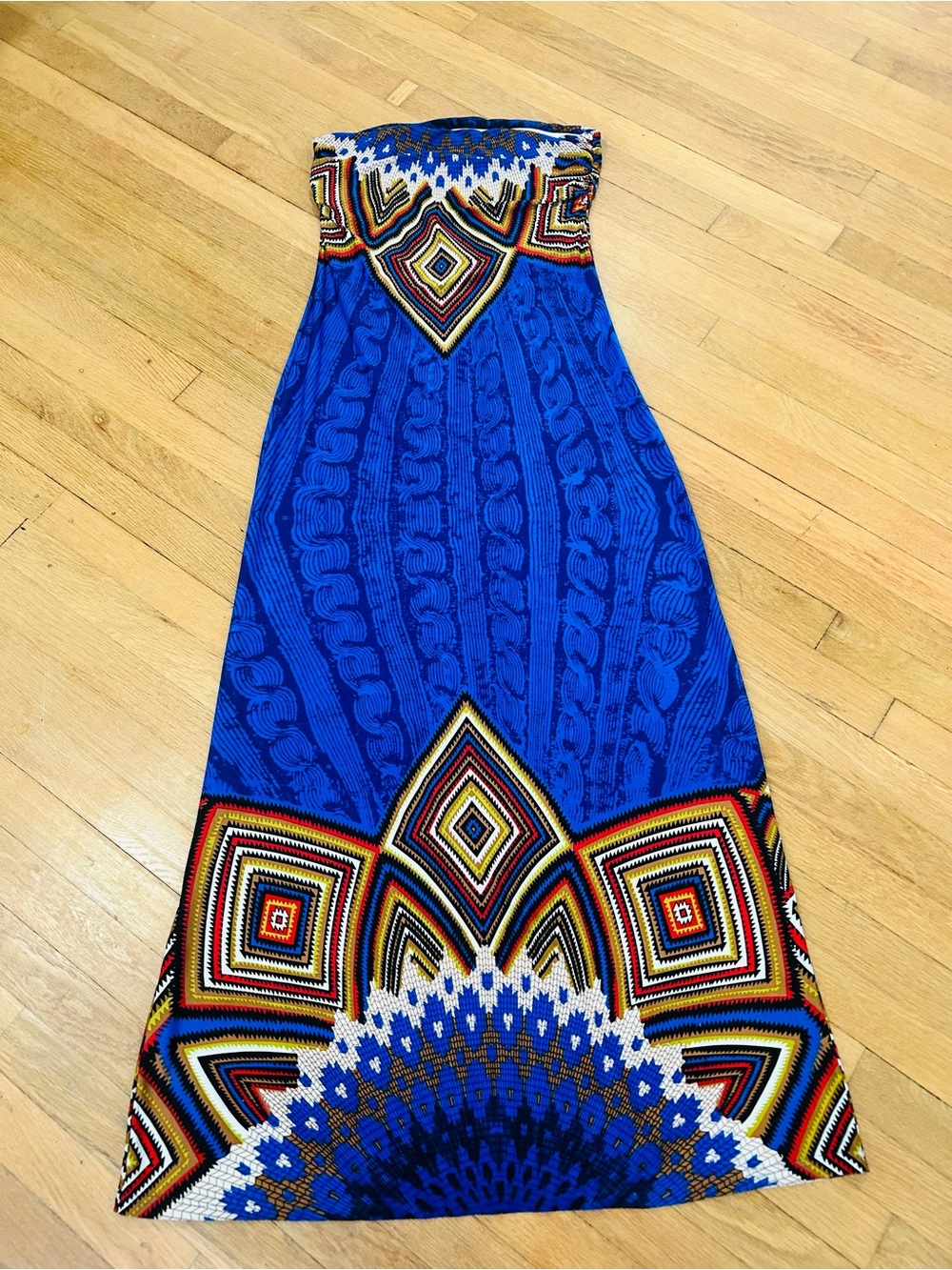 Papillon Blanc Royal Blue Strapless Maxi with Multicolor Geometric Border - Picture 2 of 5